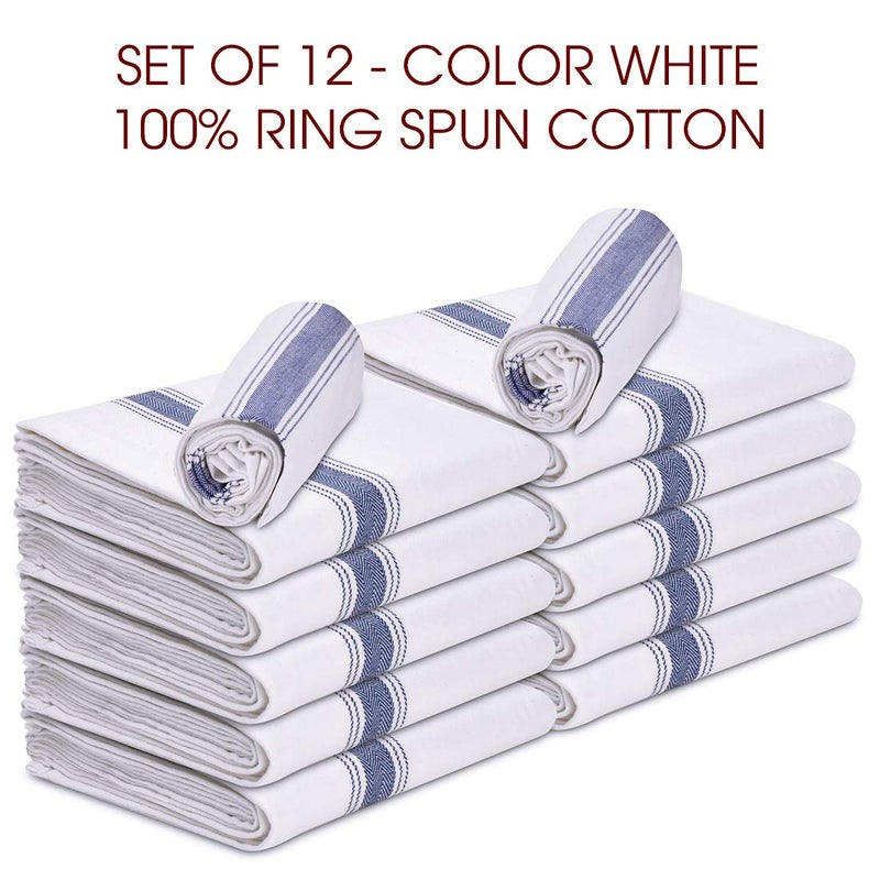 TALVANIA Kitchen Dish Towels 100% Cotton White Flour Sack Tea Cloth with Blue Herringbone Stripe, Pack of 12 Perfect Classic Dish Towel 15â€ x 25â€ Dishcloths for Bars Kitchens Counters etc. - Image 3